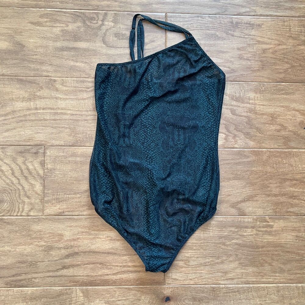 Intimately Free People Bodysuit Size S One Shoulder Snakeskin Dark Green/Black
